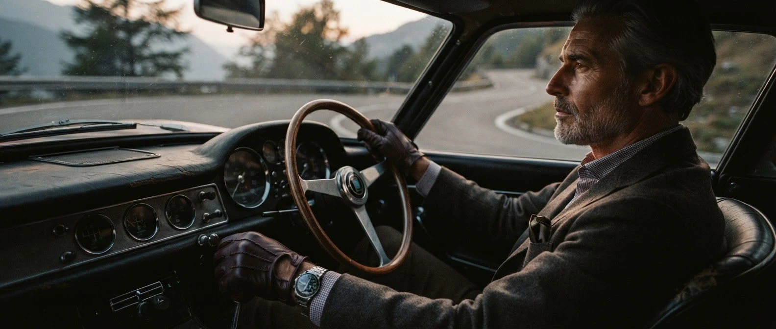 Maarten achter het stuur van een klassieke auto