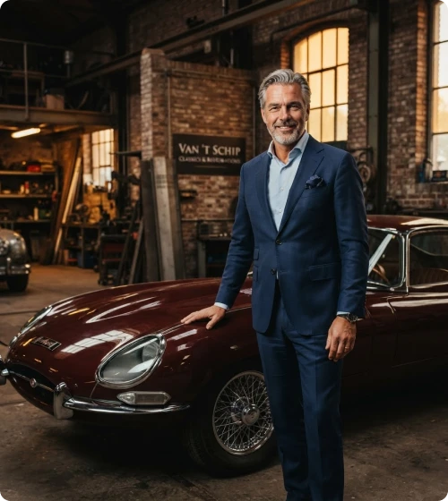 Maarten van 't Schip naast een klassieke auto in de werkplaats