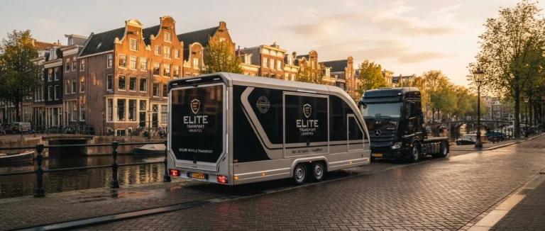 Gesloten autotransporter langs een gracht in een Europese stad