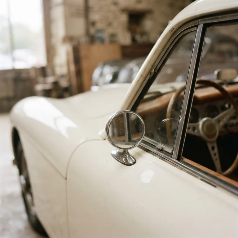 Detail van het interieur en de zijspiegel van een witte klassieke auto