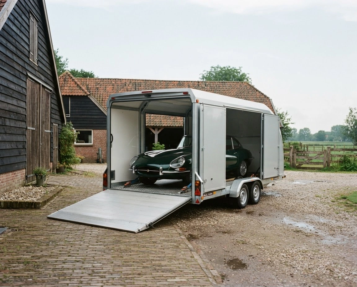 Gesloten trailer met neergelaten oprijklep en een klassieke auto erin