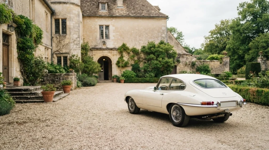 Witte klassieke coupé op het grind voor een landhuis