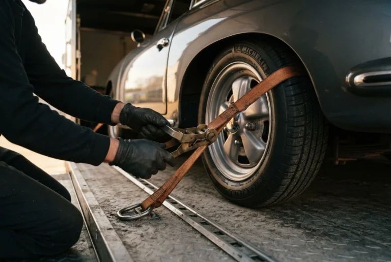 Wiel van een klassieke auto wordt met een spanband vastgezet in de trailer