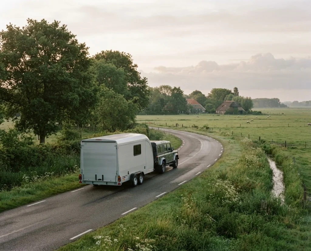 Auto met gesloten trailer rijdt over een smalle polderweg